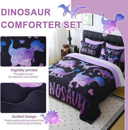7 Piece Girls Dinosaur Comforter Set Twin Size Violet Dinonsaur Soft Microfiber Bed in A Bag with Comforter,Sheet Set,Pillowcase and Sham for Child Teens All Season