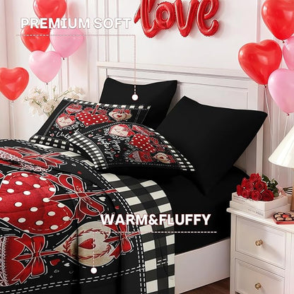 Nesker 7 Pcs Valentine's Day Comforter Set Queen Size, Polka Dots Heart Bedding Set for Kids and Adults, Sweet Love Romantic Sheets Bed Sheet Sets with Fitted Sheet 2 Pillowcases & 2 Shams