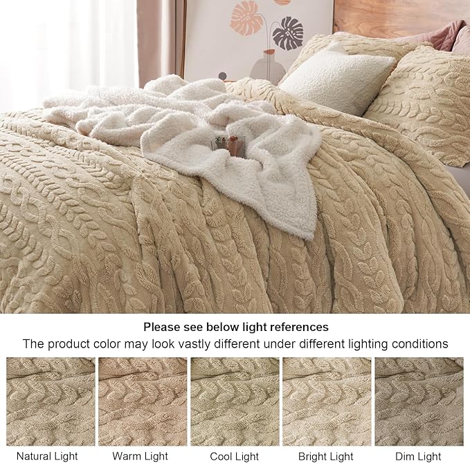 PHF Fluffy Sherpa Fleece Queen Comforter Set, 3 Pieces Warm Fuzzy Soft Bedding for Winter, 3D Tufted Flannel Plush Shaggy Bed Set, 1 Comforter (90"x90") and 2 Pillowcases (20"x26"), Khaki