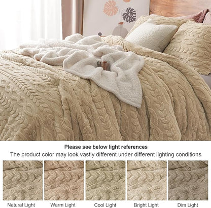 PHF Fluffy Sherpa Fleece Queen Comforter Set, 3 Pieces Warm Fuzzy Soft Bedding for Winter, 3D Tufted Flannel Plush Shaggy Bed Set, 1 Comforter (90"x90") and 2 Pillowcases (20"x26"), Khaki