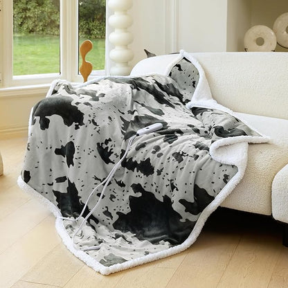 Cow Print Heated Throw Blanket Electric Blanket-Heating Blanket Throw with 10 Heat Levels & 10 Hours Auto-Off, Cozy Soft Fleece Sherpa, Washable, 50 x 60 Inches Cow Print Grey