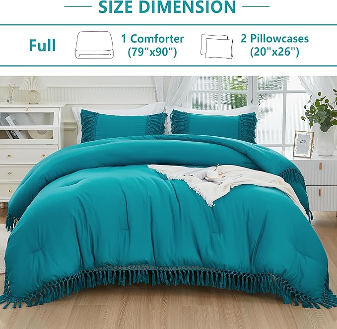 Andency Turquoise Full Size Comforter Set, 3 Pieces Boho Tassel Lightweight Soft Bedding Comforter Sets, All Season Fluffy Fringe Bed Set (79x90In Comforter & 2 Pillowcases)