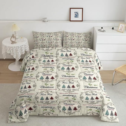Christmas Tree Comforter Set Full Size,Kids Colorful Stars Candy Snowflake Reversible Printed Bedding Set,Girls Boys Room Decor,Red Green Plaid Quilt Set Vintage Khaki Graffiti Duvet Insert 3Pcs