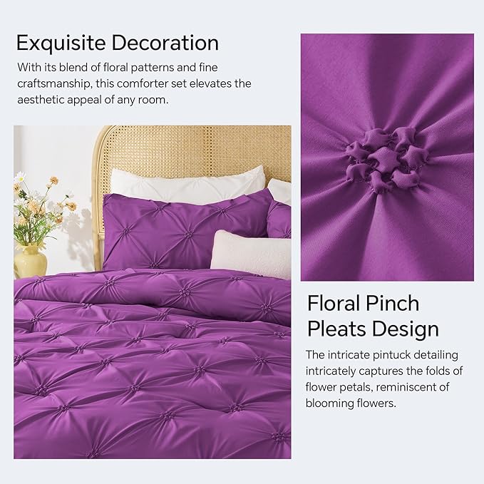 BEDELITE Purple King Size Comforter Set - 3 Pieces Boho Pintuck Bedding Comforter Sets, Lightweight Soft & Warm King Bedding Set with 2 Pillowcases for All Season