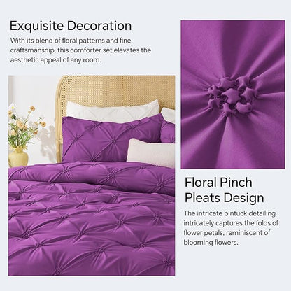 BEDELITE Purple King Size Comforter Set - 3 Pieces Boho Pintuck Bedding Comforter Sets, Lightweight Soft & Warm King Bedding Set with 2 Pillowcases for All Season