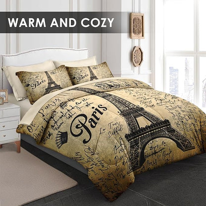 Comforter Set Twin Size, Paris Eiffel Tower 5 Pcs Bedding for Kids and Adults, Love Vintage Brown Bed Sheet Sets with Fitted Sheet Pillowcases & Shams for Bedroom Bed Decor