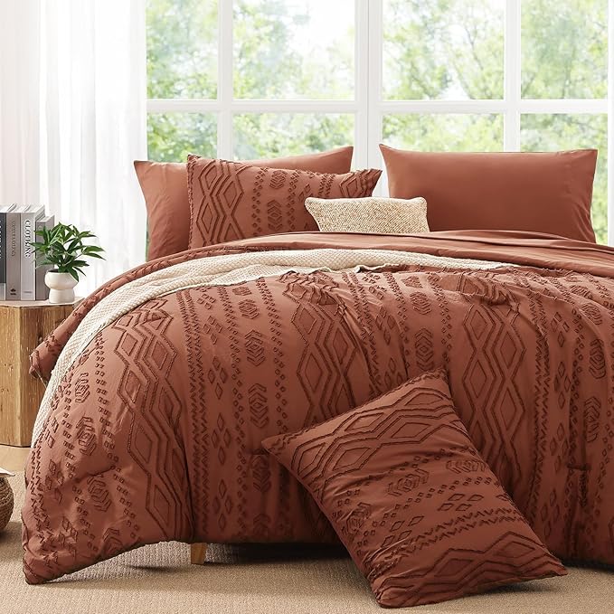 Full Size Comforter Set Autumn Leaf, Tufted Boho Bedding Farmhouse Bed Set, All Season 7 Pieces Bed in a Bag with Sheets, Pillowcases & Shams