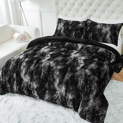 YIYEA Fluffy Queen Size Comforter Set, Luxury Faux Fur Comforter, Ultra Soft Plush Fuzzy Velvet Bedding Comforter Sets for Fall Winter, Cozy Warmth, No Shedding, 3PC, Queen