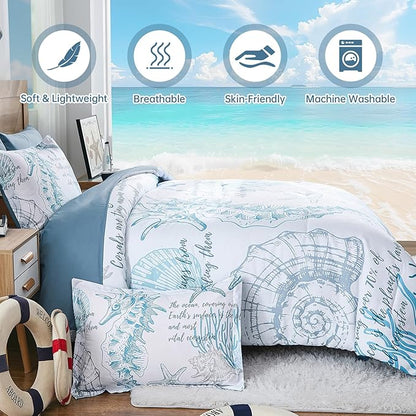 Comforter Set King Size Coastal, Beachy Themed Comforters,7 Pieces Ocean Bed in a Bag Nautical Bedding Seahorse Sea Shell with Sheets for All Season
