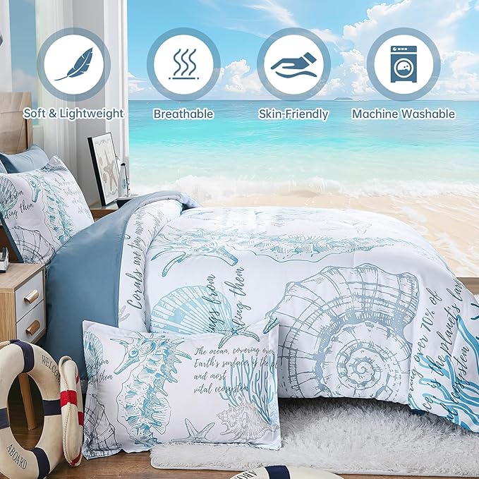 Coastal Comforter Set Queen, Beachy Themed Comforters,7 Pieces Ocean Bed in a Bag Nautical Bedding Seahorse Sea Shell with Sheets for All Season