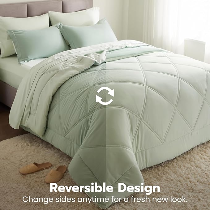 Joiedomi Queen Comforter Set with Sheets Sage Green, 7 Pieces Queen Bed Set with 1 Down Alternative Comforter, 1 Flat Sheet, 1 Fitted Sheet, 2 Pillowcases and 2 Pillow Shams, Bed in a Bag All Seasons