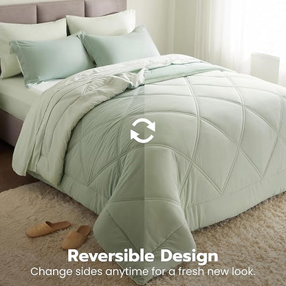 Joiedomi Queen Comforter Set with Sheets Sage Green, 7 Pieces Queen Bed Set with 1 Down Alternative Comforter, 1 Flat Sheet, 1 Fitted Sheet, 2 Pillowcases and 2 Pillow Shams, Bed in a Bag All Seasons