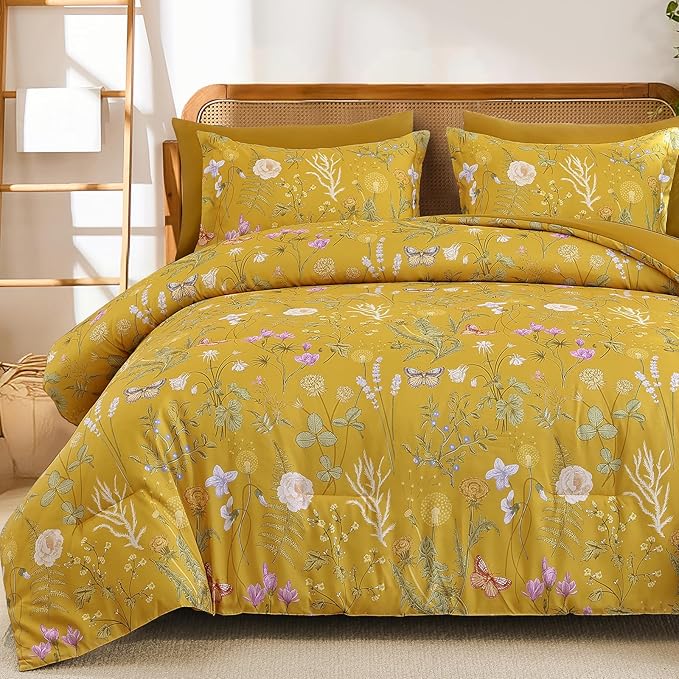 Yiran King Size Comforter Set, 7 Pieces Yellow Floral Soft Bedding Sets, King Bed in a Bag Botanical Flowers All Season Comforter, Sheets, Pillowcases & Shams