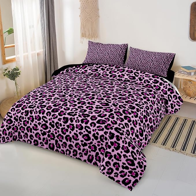 Leopard Print Comforter Queen Black and Purple Bedding Sets 8 Pcs Purple Cheetah Animal Print Texture Wild Leopard Bed in A Bag with Comforter and Sheet Set