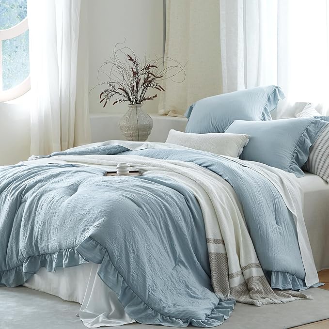 Blue Ruffle Comforter Set King, Pre-Washed Shabby Chic Bedding Set, Lightweight Cottagecore Soft Romantic Cozy 1 Comforter & 2 Shams, All-Season