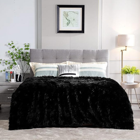 JONIYEAR Extra Large Decorative Fluffy Faux Fur Blanket Full Size for Bed 71" x 80", Soft Luxury Big Lightweight Furry Blankets, Accent Cozy Shaggy Plush Thick Fuzzy Warm Blanket for Winter, Black