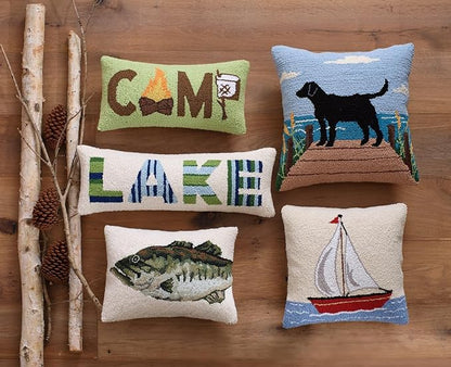 Canoe Bear Wool Hook Pillow for Lake House or Cabin by The Pillow Shoppe, 14x20 Oblong