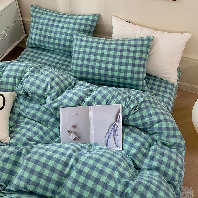 HighBuy Turquoise Gingham Comforter Set Queen Size,Farmhouse Modern Blue Plaid Checkered Comforter Set Grid Bedding Sets Soft Fluffy 3 Pieces,Gingham Bed Comforter with 2 Pillowcases