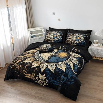 Sun and Moon Comforter Set Black Boho Bedding Set Celestial Galaxy Starry Space Bedding Comforter Mandala Exotic Black Bed in A Bag Queen Size