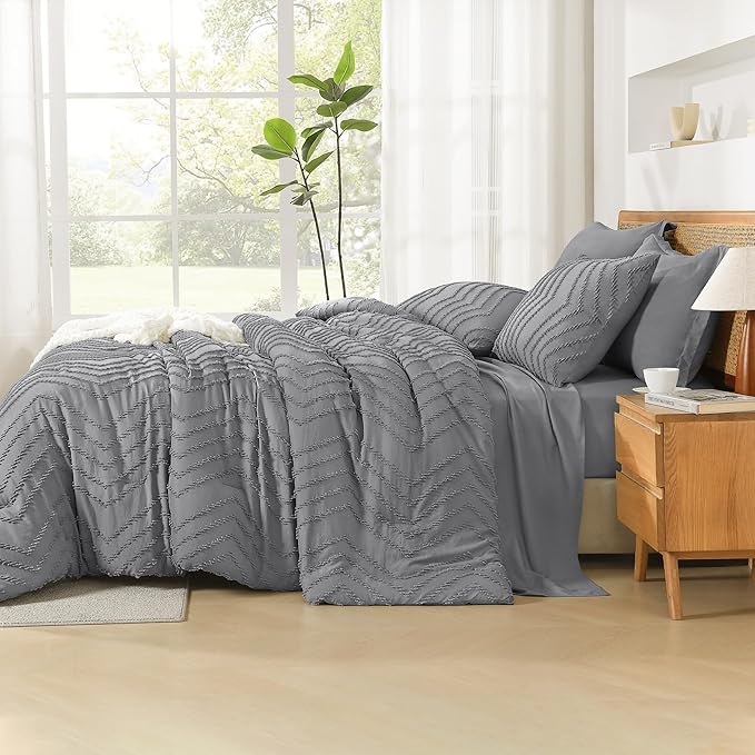 Litanika King Size Comforter Set with Sheets Medium Gray - 7 Pieces Bed in a Bag King Chevron Tufted Complete Bedding Sets with Comforter, Sheets, Pillowcases & Shams