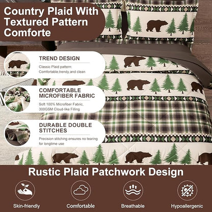 Comforter Set Queen Size Rustic Bear Comforter Bedding-7 Piece Bed in a Bag, Soft Fluffy Reversible Microfiber Bedding Set(1 Comforter,1 Flat Sheet,1 Fitted Sheet,2 Pillowcases,2 Pillow Shams),Green
