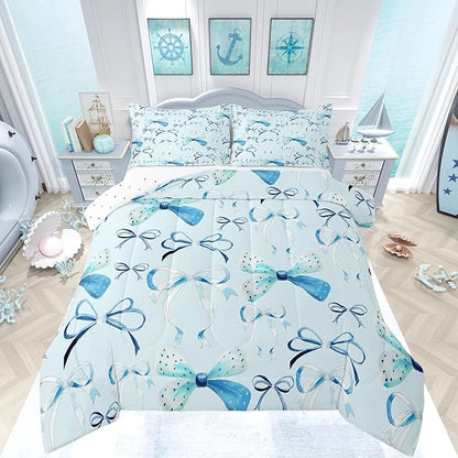Feelyou Bow Bedding Set for Boys Girls Toddler Size - Cute Bowknot Comforter Set for Kids Women Men - Ultra Soft Blue Duvet Set - Kawaii Room Decor Lovely Quilt Set