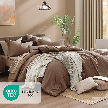 Monbix King Size Comforter Set, Brown King Bedding Set Reversible, King Comforter Set 7 Pieces, Cationic Dyeing Bed in a Bag with Comforter, Sheets, Pillowcases & Shams