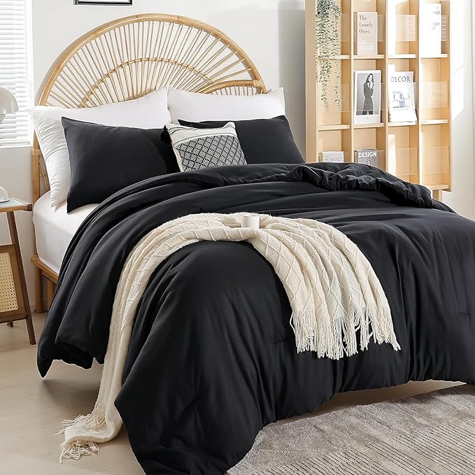weigelia Queen Comforter Set Black Comforter Boho Solid Color Bedding Comforter Set for All Season Soft Lightweight Microfiber 3PCS Cozy Reversible Comforter Set (1 Comforter, 2 Pillowcases)