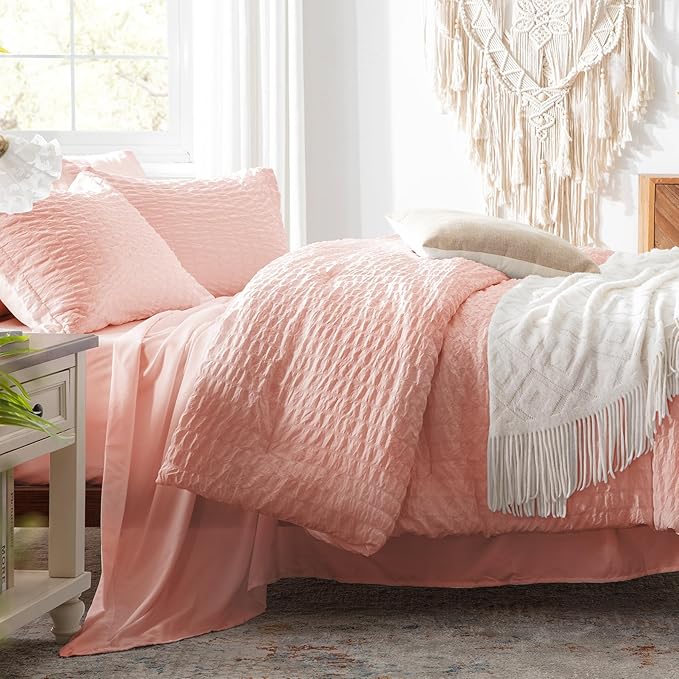 Zzlpp King Comforter Set 7 Pieces, Pink Seersucker Bed in a Bag with Comforter and Sheets, All Season Bedding Sets with 1 Comforter, 2 Pillow Shams, 2 Pillowcases, 1 Flat Sheet