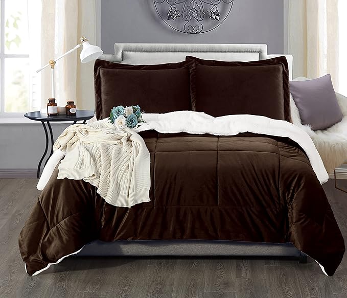 Elegant Comfort Super Soft Sherpa Comforter 2-Piece Set Premium Quality, Heavy Weight Reversible Down Alternative Micro-Suede, Sherpa Comforter, Twin, Espresso Brown