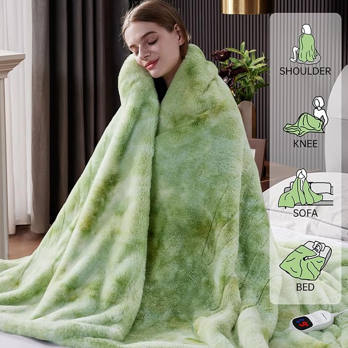 Guohaoi Heated Blanket Electric Throw, Soft Faux Rabbit Fur Electric Blanket with 10 Heating Levels 5 Sitting Timer Auto Off, Cozy Warm Heating Blankets, Machine Washable(50"×60" Light Green)