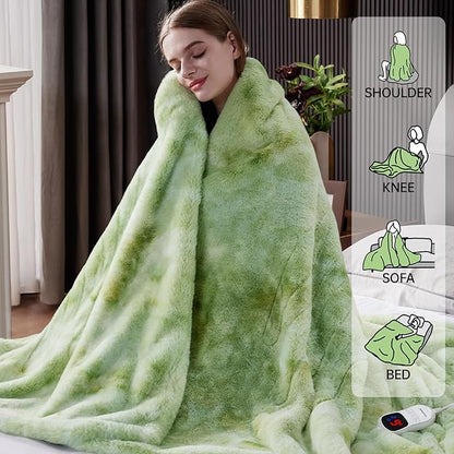 Guohaoi Heated Blanket Electric Throw, Soft Faux Rabbit Fur Electric Blanket with 10 Heating Levels 5 Sitting Timer Auto Off, Dual-Controller Heating Blankets, Machine Washable(90"×100" LightGreen)