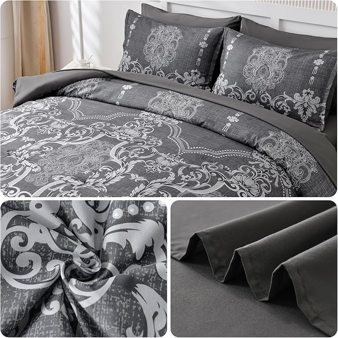 Mybedsoul 7 Pieces Grey Comforter Set Queen Size, Damask Bed in a Bag for Queen Bed, Lightweight Microfiber Boho Bedding Sets with Comforter, Sheet, Pillowcases & Shams for All Season (90"x90")