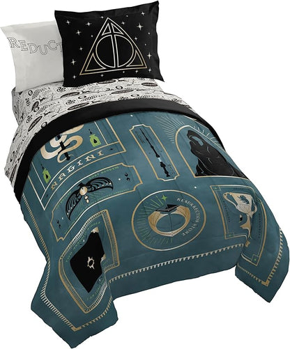 Jay Franco Kids Comforter Set Includes Sheets and Pillow Covers - Soft and Cozy Bed Set for Stylish Room Decor, Blue - Harry Potter, 7 Piece Full Size Bedding