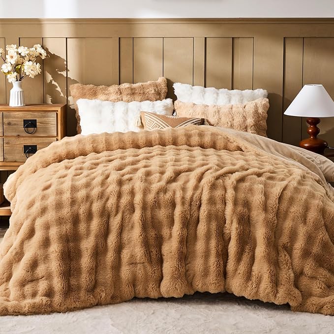 Lotus Karen Faux Fur Full Comforter Set – Brown Fluffy Comforter Full Size, Big Bubble Faux Rabbit Fur Bedding Comforter Sets, Winter Warm Cozy Fuzzy Bed Set 3 Pieces, 1 Comforter and 2 Pillowcases