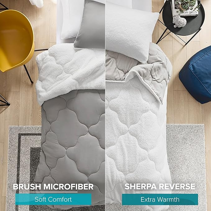 Comfort Spaces Comforter Set, Chic Reversible Quatrefoil Quilting, Sherpa Comforters Twin, All Seasons, Lightweight Microfiber Bedding Set Matching Sham, Vixie, Twin/Twin XL Grey/White 2 Piece