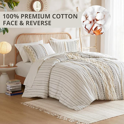 INK+IVY Comforter for King Size Bed, Chenille Tufted, Breathable Cotton Comforter Set King, All Season Modern Boho Comforter with Farmhouse Bedding Flare, 2 Matching Shams, King Ivory 3 Piece