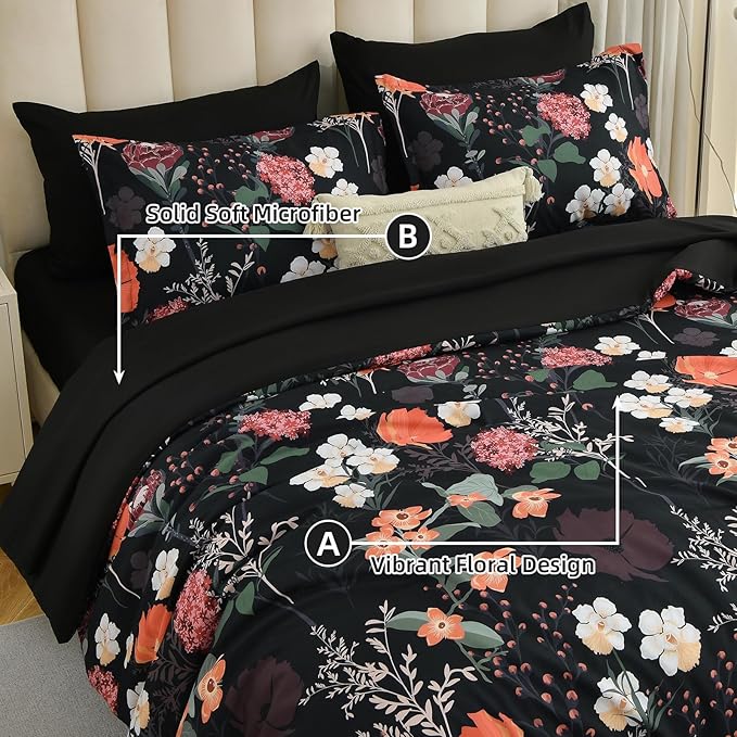 Yiran Black Red Floral Comforter Set King Size, 7 Piece Winter Comforter Bedding Set, Farmhouse Bed in a Bag, Soft Microfiber Complete Bedding Set with Sheets for All Season