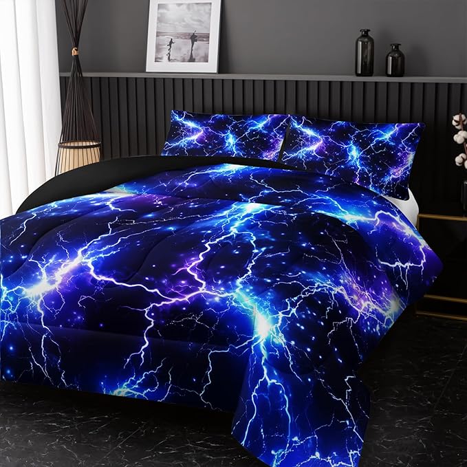 Blue Lightning Comforter Set Twin Size Bed in A Bag,Lightning Bedding Set for Teen Adult Blue Room Decor Ultra-Soft Lightweight Microfiber with 2 Pillowcases