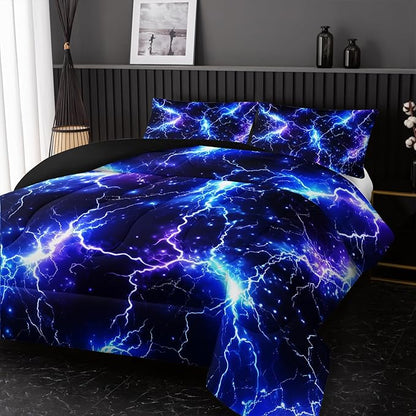 Blue Lightning Comforter Set Twin Size Bed in A Bag,Lightning Bedding Set for Teen Adult Blue Room Decor Ultra-Soft Lightweight Microfiber with 2 Pillowcases