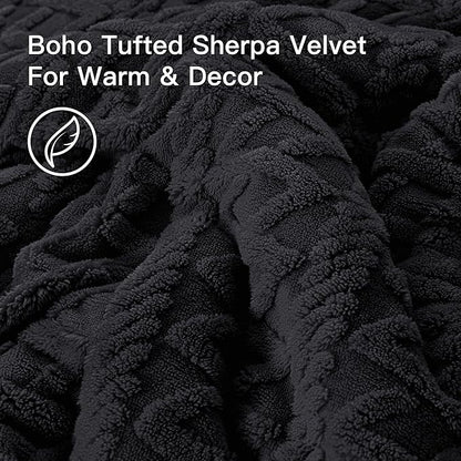 Andency Fluffy Comforter Set Full Size, Black Sherpa Fleece Super Soft Warm Bedding for Winter, Luxury Boho Jacquard Thick Fuzzy Plush Bed Set 3 Pieces(1 Shaggy Comforter, 2 Pillowcases)
