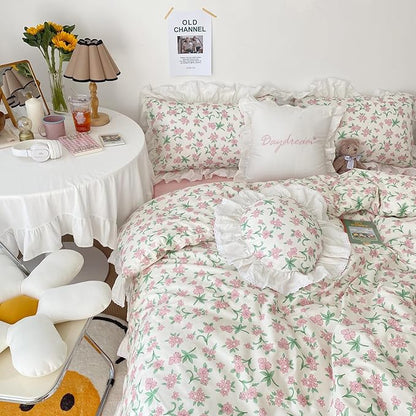 HighBuy Lace Ruffled Comforter Set Full Coquette Cottagecore White Pink Floral Bedding Comforter Cozy Soft with 2 Ruffle Pillowcases,Princess Quilted Comforters Fluffy Chic Skin Friendly