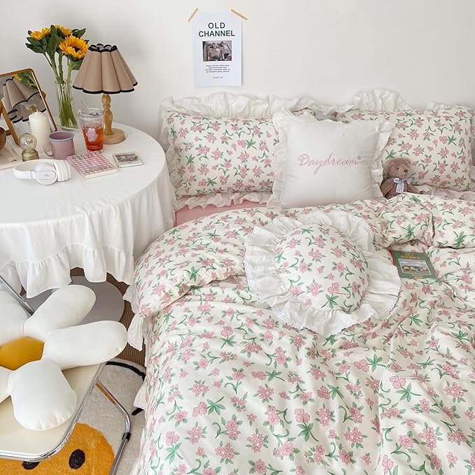 HighBuy White Ruffle Comforter Set Twin XL with Blush Flower Romantic Lace Comforter with 2 Ruffle Lace Pillowcases Coquette Cottagecore Bedding Set 3 Piece Shabby Chic Floral Comforter Sets