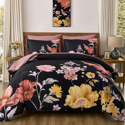 DJY Floral King Comforter Set - 7 Pieces Black & Blush Floral Bed in a Bag with Flower Leaves Pattern, Soft Microfiber Botanical Comforter and Sheet Set, All Season Bedding Set (104''x90'')