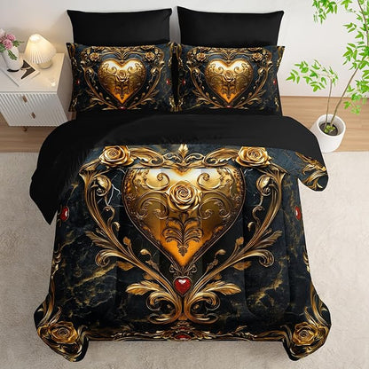Black and Gold Heart Comforter Set Queen Size Bed 7 Piece，Heart Bedding Set Queen Black，Heart Themed Bedroom Decor，(1 Comforter, 1 Flat Sheet, 1 Fitted Sheet, 2 Pillowcase and 2 Pillow Sham)