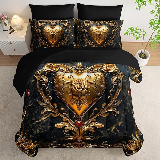 King Size Heart Comforter Set, 7 Piece (1 Comforter, 1 Flat Sheet, 1 Fitted Sheet, 2 Pillowcase and 2 Pillow Sham)