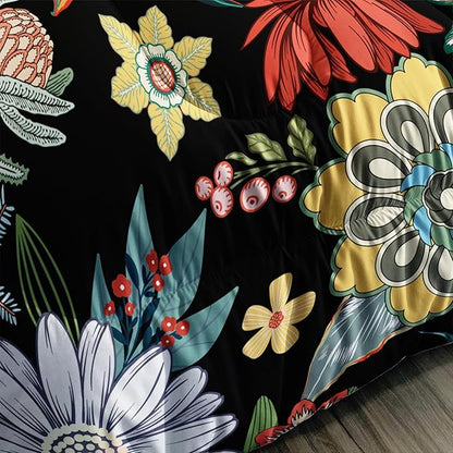 3 Pieces Colorful Floral Comforter Set,Bohemian Botanical Bedding Set Twin Size,Boho Farmhouse Flower Leaves Printed on Black Design,All Season Lightweight Soft Microfiber Bedding with 2 Pillow Shams
