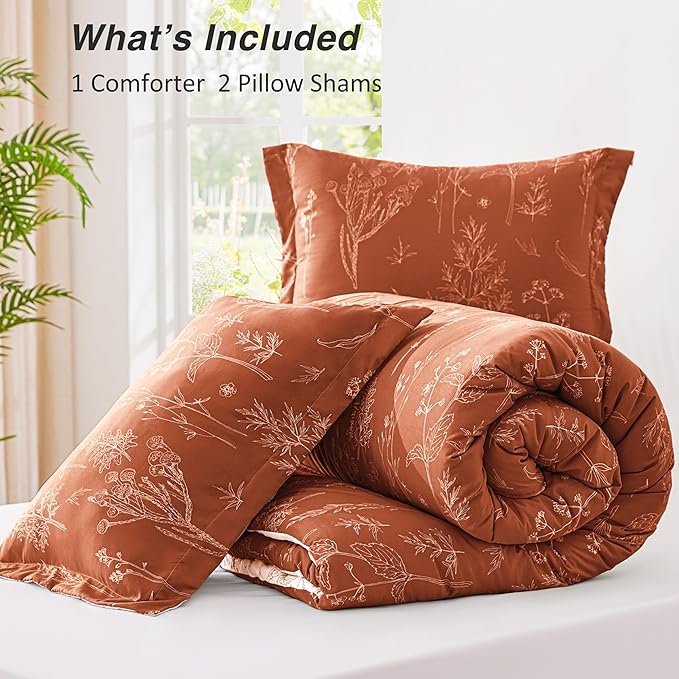 Love's cabin Terracotta Full Comforter Set - Full Size Comforter Set, 3 Pieces Cute Floral Bedding Sets for All Seasons,1 Soft Reversible Botanical Flowers Comforter and 2 Pillow Shams