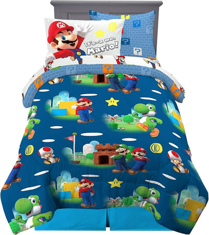 Super Mario Bros Kids Bedding Super Soft Cozy Reversible Comforter and Sheet Set with Sham, 5 Piece Twin Size Nintendo Gamer Bed Set, (100% Officially Licensed Product) by Franco