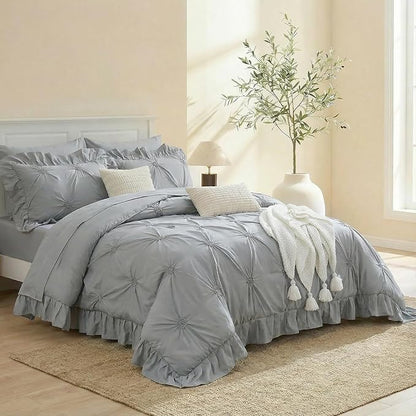 Bedbay Grey Ruffle Comforter Set Queen Size 9 Pcs,Boho Queen Comforter Set with Sheets,Pinch Pleat Bedding Set,Farmhouse Comforter Bed Set,Microfiber Exquisite Ruffle Duvet Set
